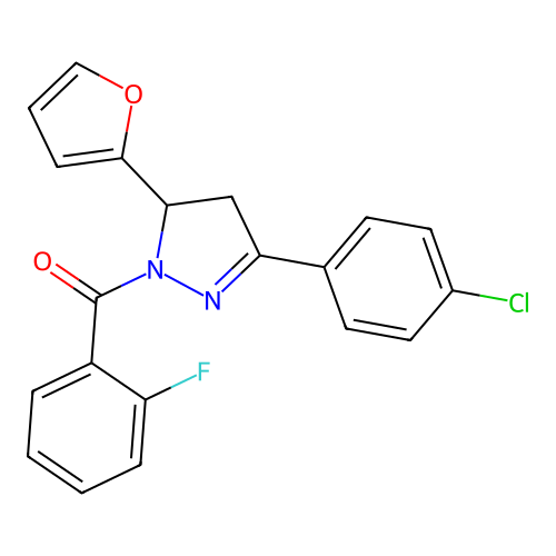 (3-(4-chlorophenyl)-5-(furan-2-yl)-4,5-dihydro-1H-pyrazol-1-yl)(2-fluorophenyl)methanone structure