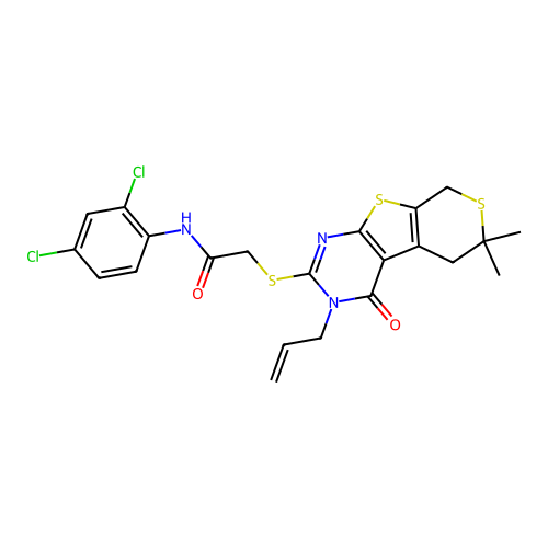 2-((3-allyl-6,6-dimethyl-4-oxo-4,5,6,8-tetrahydro-3H-thiopyrano[4',3':4,5]thieno[2,3-d]pyrimidin-2-yl)thio)-N-(2,4-dichlorophenyl)acetamide structure