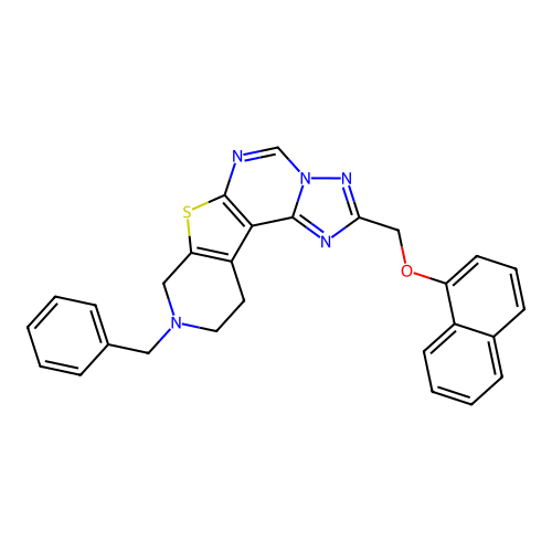 9-benzyl-2-((naphthalen-1-yloxy)methyl)-8,9,10,11-tetrahydropyrido[4',3':4,5]thieno[3,2-e][1,2,4]triazolo[1,5-c]pyrimidine structure