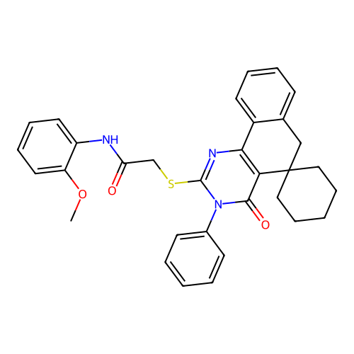 N-(2-methoxyphenyl)-2-((4-oxo-3-phenyl-4,6-dihydro-3H-spiro[benzo[h]quinazoline-5,1'-cyclohexan]-2-yl)thio)acetamide structure