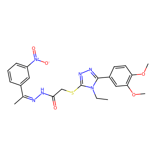 (Z)-2-((5-(3,4-dimethoxyphenyl)-4-ethyl-4H-1,2,4-triazol-3-yl)thio)-N'-(1-(3-nitrophenyl)ethylidene)acetohydrazide structure