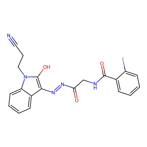 N-[[[1-(2-cyanoethyl)-2-oxo-indol-3-ylidene]amino]carbamoylmethyl]-2-iodo-benzamide structure