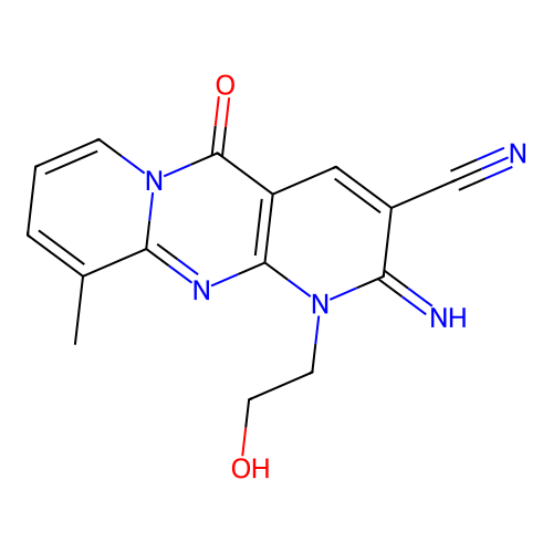 1-(2-hydroxyethyl)-2-imino-10-methyl-5-oxo-1,5-dihydro-2H-dipyrido[1,2-a:2',3'-d]pyrimidine-3-carbonitrile structure