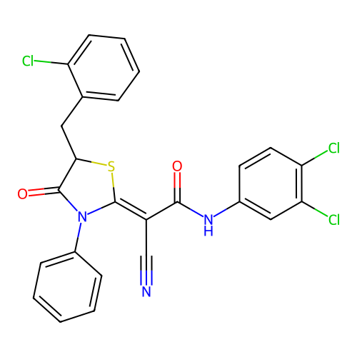 (2Z)-2-[5-(2-chlorobenzyl)-4-oxo-3-phenyl-1,3-thiazolidin-2-ylidene]-2-cyano-N-(3,4-dichlorophenyl)ethanamide structure