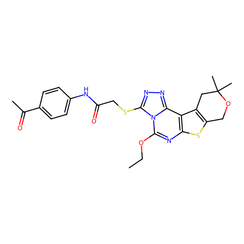 N-(4-acetylphenyl)-2-((5-ethoxy-10,10-dimethyl-10,11-dihydro-8H-pyrano[4',3':4,5]thieno[3,2-e][1,2,4]triazolo[4,3-c]pyrimidin-3-yl)thio)acetamide structure