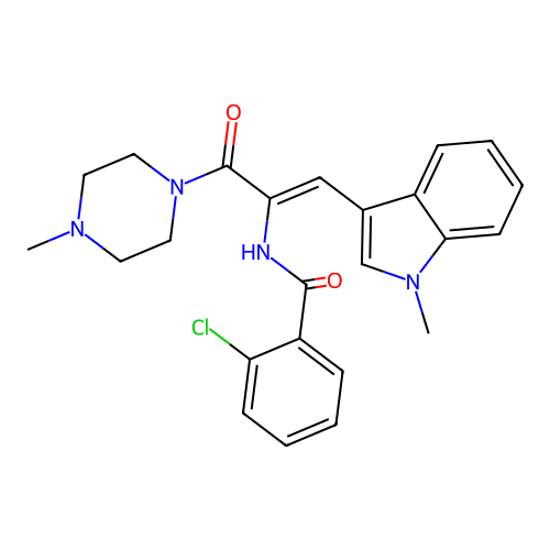 (Z)-2-chloro-N-(1-(1-methyl-1H-indol-3-yl)-3-(4-methylpiperazin-1-yl)-3-oxoprop-1-en-2-yl)benzamide structure