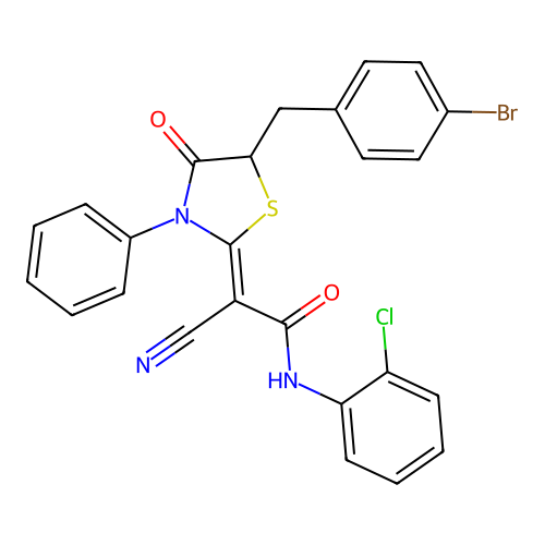 (2Z)-2-[5-(4-bromobenzyl)-4-oxo-3-phenyl-1,3-thiazolidin-2-ylidene]-N-(2-chlorophenyl)-2-cyanoethanamide structure