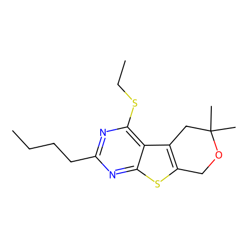 2-butyl-4-(ethylsulfanyl)-6,6-dimethyl-5,8-dihydro-6H-pyrano[4',3':4,5]thieno[2,3-d]pyrimidine structure
