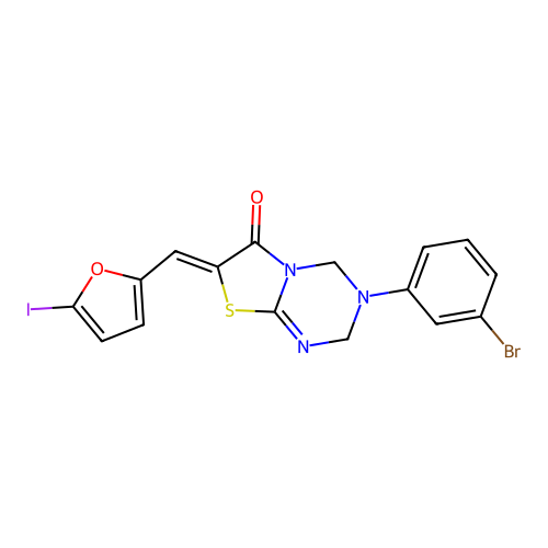 (7Z)-3-(3-bromophenyl)-7-[(5-iodofuran-2-yl)methylidene]-2,4-dihydro-[1,3]thiazolo[3,2-a][1,3,5]triazin-6-one structure