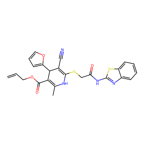 allyl 6-((2-(benzo[d]thiazol-2-ylamino)-2-oxoethyl)thio)-5-cyano-4-(furan-2-yl)-2-methyl-1,4-dihydropyridine-3-carboxylate structure