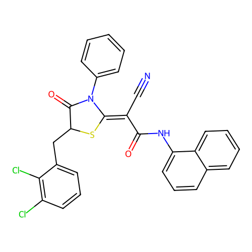 (2Z)-2-cyano-2-[5-(2,3-dichlorobenzyl)-4-oxo-3-phenyl-1,3-thiazolidin-2-ylidene]-N-(naphthalen-1-yl)ethanamide structure