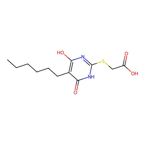 [(5-Hexyl-4,6-dihydroxypyrimidin-2-yl)sulfanyl]acetic acid structure