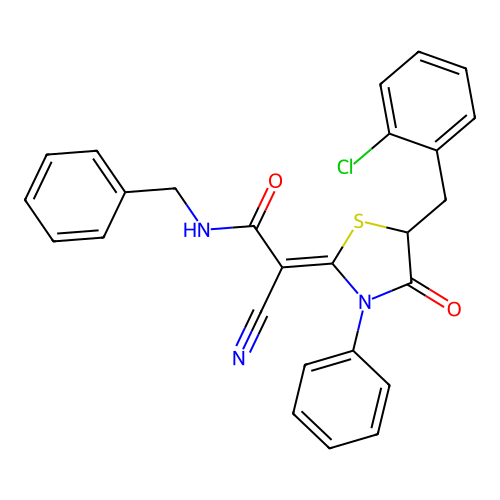 (Z)-N-benzyl-2-(5-(2-chlorobenzyl)-4-oxo-3-phenylthiazolidin-2-ylidene)-2-cyanoacetamide structure