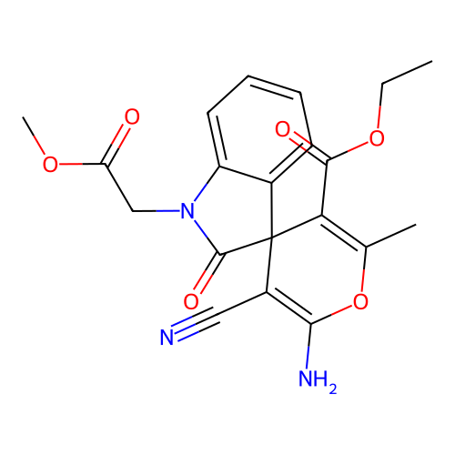 ethyl 6'-amino-5'-cyano-1-(2-methoxy-2-oxoethyl)-2'-methyl-2-oxo-1,2-dihydrospiro[indole-3,4'-pyran]-3'-carboxylate structure