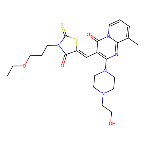 (Z)-3-(3-ethoxypropyl)-5-((2-(4-(2-hydroxyethyl)piperazin-1-yl)-9-methyl-4-oxo-4H-pyrido[1,2-a]pyrimidin-3-yl)methylene)-2-thioxothiazolidin-4-one structure