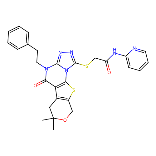 2-((7,7-dimethyl-5-oxo-4-phenethyl-5,6,7,9-tetrahydro-4H-pyrano[4',3':4,5]thieno[3,2-e][1,2,4]triazolo[4,3-a]pyrimidin-1-yl)thio)-N-(pyridin-2-yl)acetamide structure