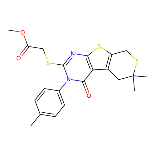 methyl {[6,6-dimethyl-3-(4-methylphenyl)-4-oxo-3,5,6,8-tetrahydro-4H-thiopyrano[4',3':4,5]thieno[2,3-d]pyrimidin-2-yl]sulfanyl}acetate structure