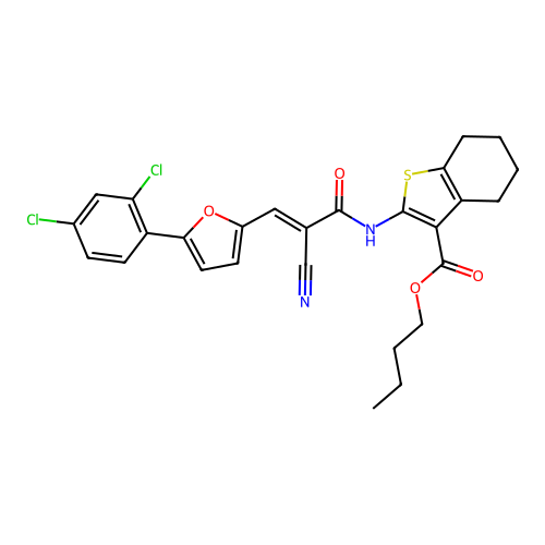 (E)-butyl 2-(2-cyano-3-(5-(2,4-dichlorophenyl)furan-2-yl)acrylamido)-4,5,6,7-tetrahydrobenzo[b]thiophene-3-carboxylate structure