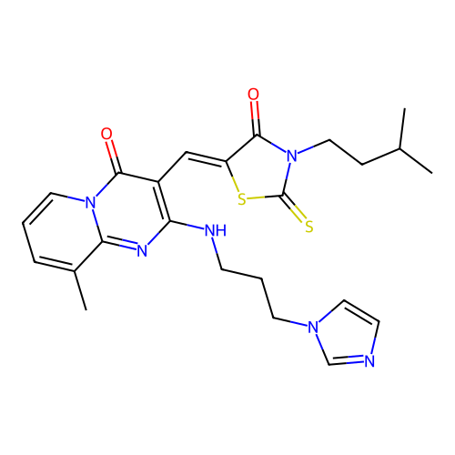 2-{[3-(1H-imidazol-1-yl)propyl]amino}-9-methyl-3-{(Z)-[3-(3-methylbutyl)-4-oxo-2-thioxo-1,3-thiazolidin-5-ylidene]methyl}-4H-pyrido[1,2-a]pyrimidin-4-one structure