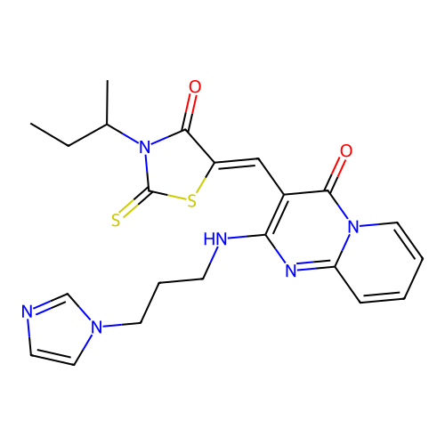 (5Z)-3-butan-2-yl-5-[[2-(3-imidazol-1-ylpropylamino)-4-oxopyrido[1,2-a]pyrimidin-3-yl]methylidene]-2-sulfanylidene-1,3-thiazolidin-4-one structure