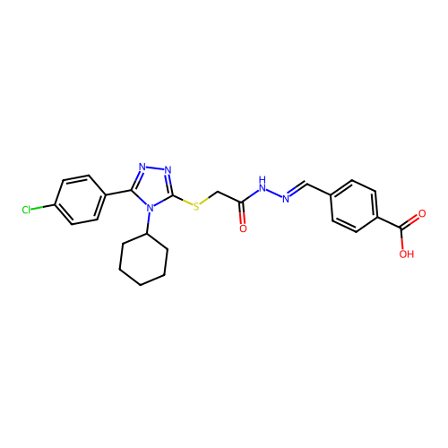 4-{(E)-[2-({[5-(4-chlorophenyl)-4-cyclohexyl-4H-1,2,4-triazol-3-yl]sulfanyl}acetyl)hydrazinylidene]methyl}benzoic acid structure