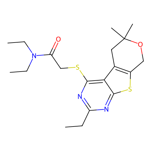 N,N-diethyl-2-((2-ethyl-6,6-dimethyl-6,8-dihydro-5H-pyrano[4',3':4,5]thieno[2,3-d]pyrimidin-4-yl)thio)acetamide structure