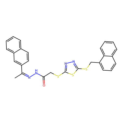 (Z)-2-((5-((naphthalen-1-ylmethyl)thio)-1,3,4-thiadiazol-2-yl)thio)-N'-(1-(naphthalen-2-yl)ethylidene)acetohydrazide structure