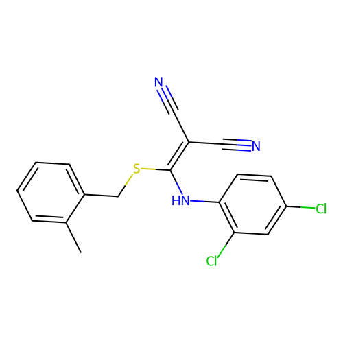 2-(((2,4-dichlorophenyl)amino)((2-methylbenzyl)thio)methylene)malononitrile structure