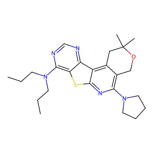 2,2-dimethyl-N,N-dipropyl-5-(pyrrolidin-1-yl)-1,4-dihydro-2H-pyrano[4'',3'':4',5']pyrido[3',2':4,5]thieno[3,2-d]pyrimidin-8-amine structure