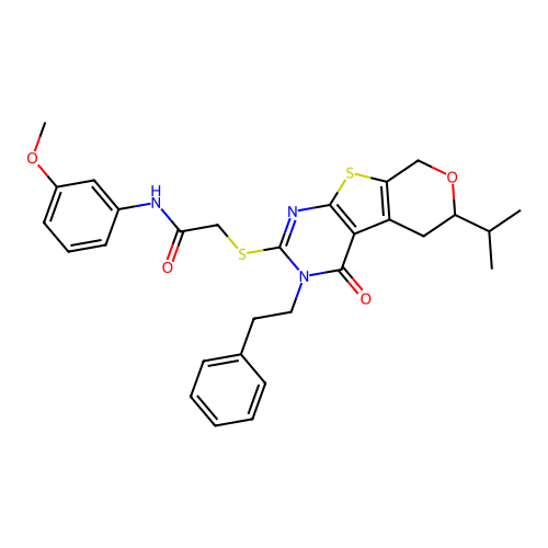 2-((6-isopropyl-4-oxo-3-phenethyl-4,5,6,8-tetrahydro-3H-pyrano[4',3':4,5]thieno[2,3-d]pyrimidin-2-yl)thio)-N-(3-methoxyphenyl)acetamide structure