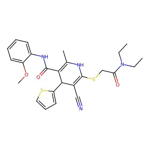 5-cyano-6-((2-(diethylamino)-2-oxoethyl)thio)-N-(2-methoxyphenyl)-2-methyl-4-(thiophen-2-yl)-1,4-dihydropyridine-3-carboxamide structure