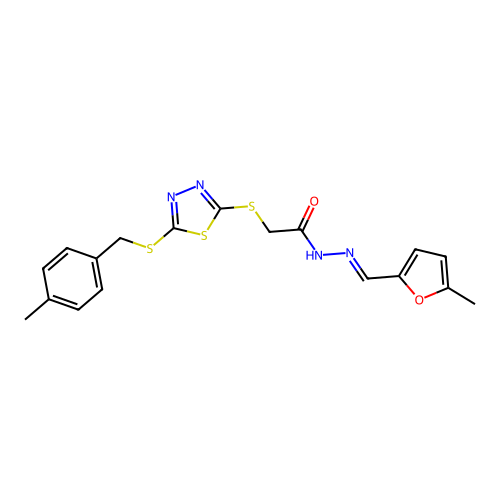2-({5-[(4-methylbenzyl)sulfanyl]-1,3,4-thiadiazol-2-yl}sulfanyl)-N'-[(E)-(5-methylfuran-2-yl)methylidene]acetohydrazide structure