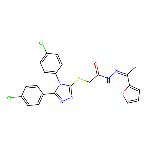 (Z)-2-((4,5-bis(4-chlorophenyl)-4H-1,2,4-triazol-3-yl)thio)-N'-(1-(furan-2-yl)ethylidene)acetohydrazide structure