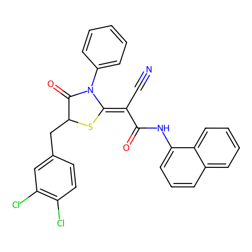 (2Z)-2-cyano-2-[5-(3,4-dichlorobenzyl)-4-oxo-3-phenyl-1,3-thiazolidin-2-ylidene]-N-(naphthalen-1-yl)ethanamide structure