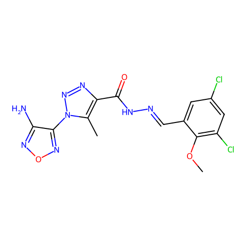 (E)-1-(4-amino-1,2,5-oxadiazol-3-yl)-N'-(3,5-dichloro-2-methoxybenzylidene)-5-methyl-1H-1,2,3-triazole-4-carbohydrazide structure