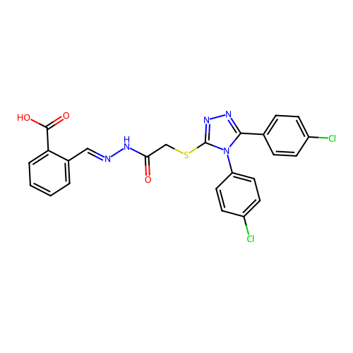2-{(E)-[2-({[4,5-bis(4-chlorophenyl)-4H-1,2,4-triazol-3-yl]sulfanyl}acetyl)hydrazinylidene]methyl}benzoic acid structure