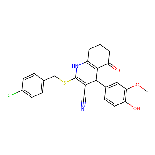 2-((4-chlorobenzyl)thio)-4-(4-hydroxy-3-methoxyphenyl)-5-oxo-1,4,5,6,7,8-hexahydroquinoline-3-carbonitrile structure