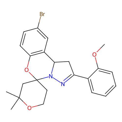 9'-bromo-2'-(2-methoxyphenyl)-2,2-dimethyl-1',2,3,5,6,10b'-hexahydrospiro[pyran-4,5'-pyrazolo[1,5-c][1,3]benzoxazine] structure
