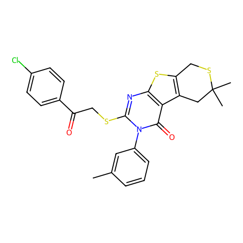 2-((2-(4-chlorophenyl)-2-oxoethyl)thio)-6,6-dimethyl-3-(m-tolyl)-5,6-dihydro-3H-thiopyrano[4',3':4,5]thieno[2,3-d]pyrimidin-4(8H)-one structure