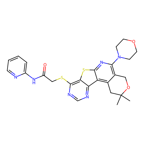 2-((2,2-dimethyl-5-morpholino-2,4-dihydro-1H-pyrano[4'',3'':4',5']pyrido[3',2':4,5]thieno[3,2-d]pyrimidin-8-yl)thio)-N-(pyridin-2-yl)acetamide structure