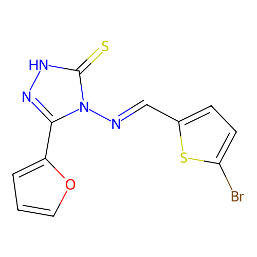 4-{[(5-bromo-2-thienyl)methylene]amino}-5-(2-furyl)-4H-1,2,4-triazole-3-thiol structure