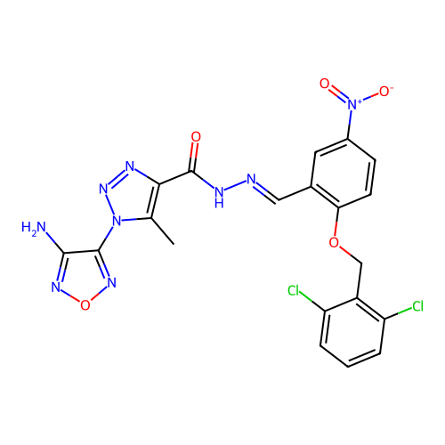 (E)-1-(4-amino-1,2,5-oxadiazol-3-yl)-N'-(2-((2,6-dichlorobenzyl)oxy)-5-nitrobenzylidene)-5-methyl-1H-1,2,3-triazole-4-carbohydrazide structure