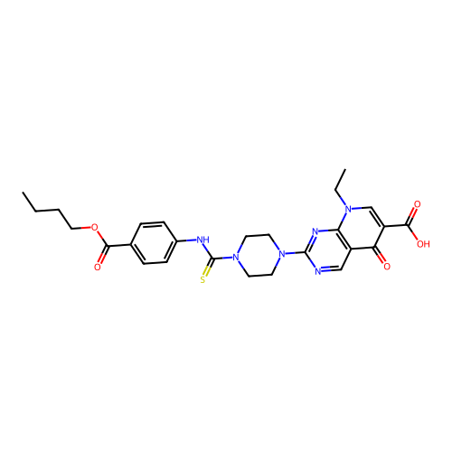 2-[4-(4-Butoxycarbonyl-phenylthiocarbamoyl)-piperazin-1-yl]-8-ethyl-5-oxo-5,8-dihydro-pyrido[2,3-d]pyri midine-6-carboxylic acid structure