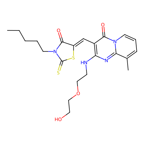 2-{[2-(2-hydroxyethoxy)ethyl]amino}-9-methyl-3-[(Z)-(4-oxo-3-pentyl-2-thioxo-1,3-thiazolidin-5-ylidene)methyl]-4H-pyrido[1,2-a]pyrimidin-4-one structure