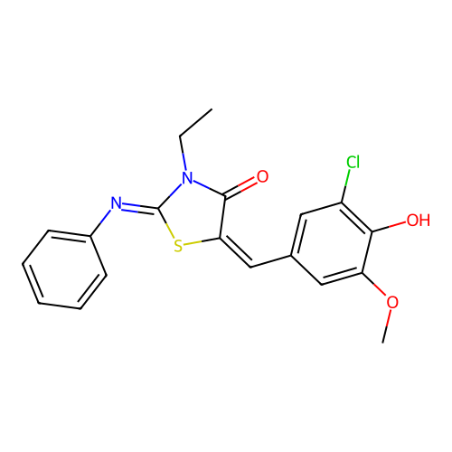 (2E,5E)-5-(3-chloro-4-hydroxy-5-methoxybenzylidene)-3-ethyl-2-(phenylimino)thiazolidin-4-one structure