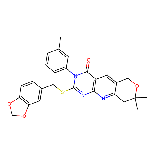 2-((benzo[d][1,3]dioxol-5-ylmethyl)thio)-8,8-dimethyl-3-(m-tolyl)-8,9-dihydro-3H-pyrano[3',4':5,6]pyrido[2,3-d]pyrimidin-4(6H)-one structure