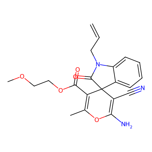 2-methoxyethyl 6'-amino-5'-cyano-2'-methyl-2-oxo-1-(prop-2-en-1-yl)-1,2-dihydrospiro[indole-3,4'-pyran]-3'-carboxylate structure