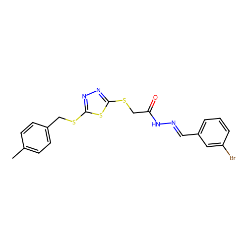 N'-[(E)-(3-bromophenyl)methylidene]-2-({5-[(4-methylbenzyl)sulfanyl]-1,3,4-thiadiazol-2-yl}sulfanyl)acetohydrazide structure