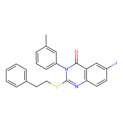 6-iodo-3-(3-methylphenyl)-2-[(2-phenylethyl)sulfanyl]quinazolin-4(3H)-one structure