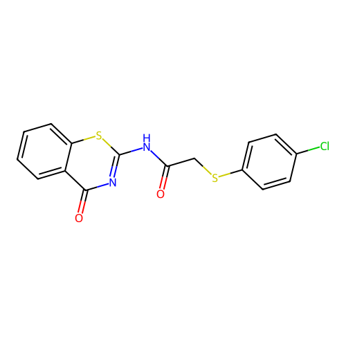 2-[(4-chlorophenyl)sulfanyl]-N-[(2Z)-4-oxo-3,4-dihydro-2H-1,3-benzothiazin-2-ylidene]acetamide structure
